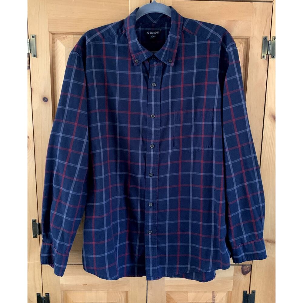Men's Long Sleeve Shirt Button Down Navy Red Gray Plaid Cotton Blend Size L